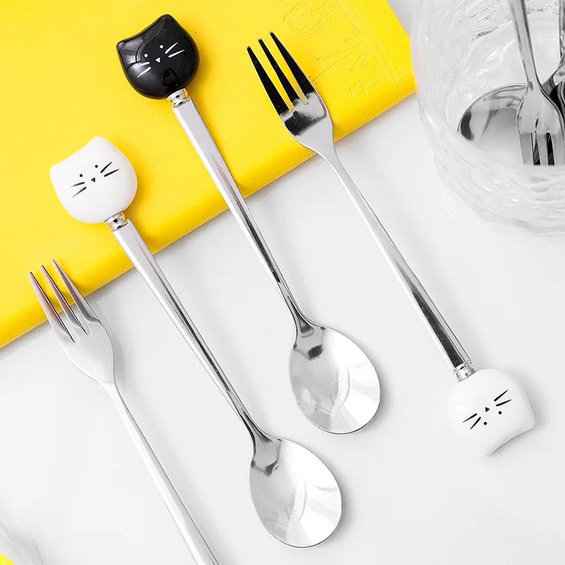 Cartoon Cat Spoon Stainless Steel Coffee Stirring Spoon Ceramic Kitten Fork