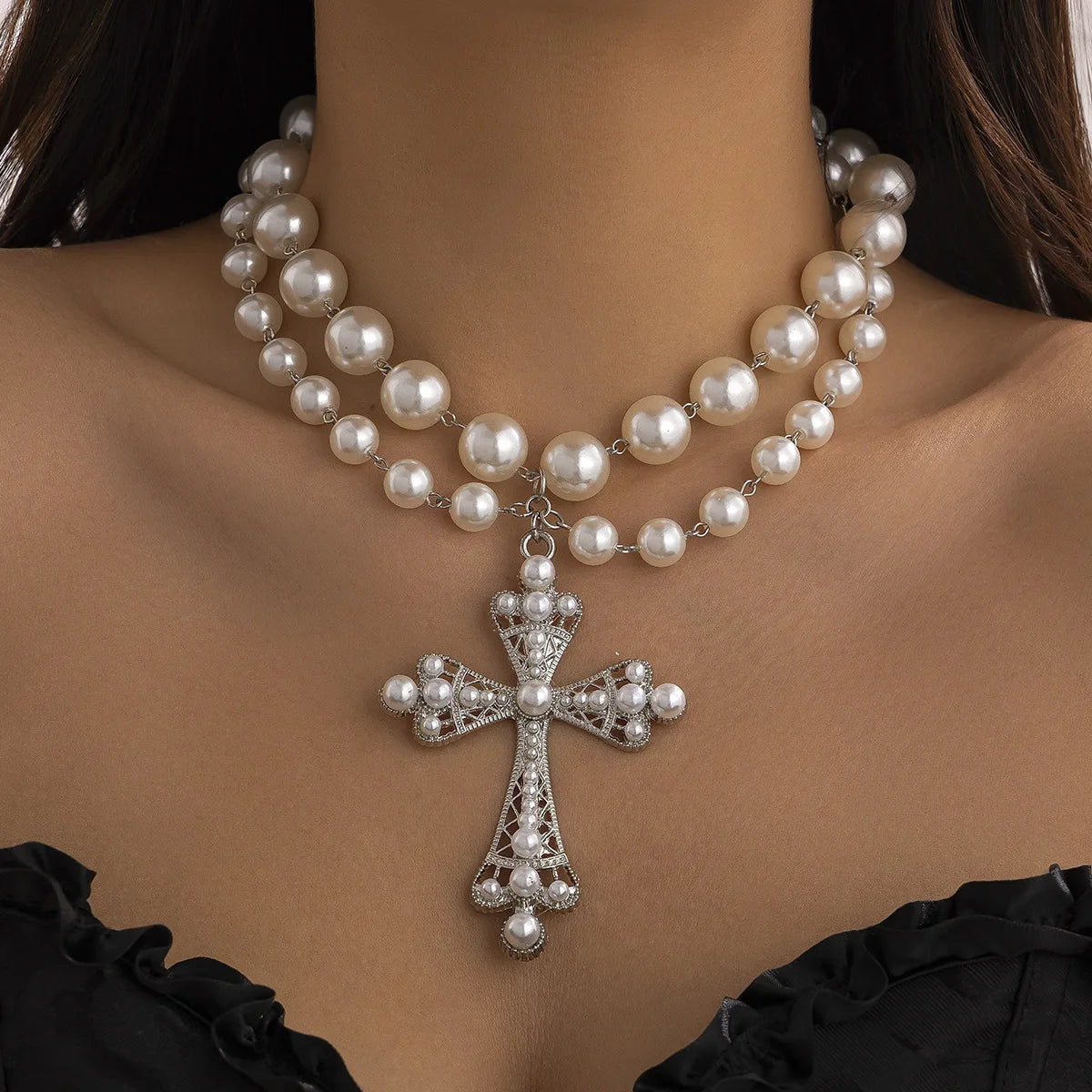 2025 Fashion Multi-layer Imitation Pearl Cross Collar Big Size Women Jewelry Necklaces