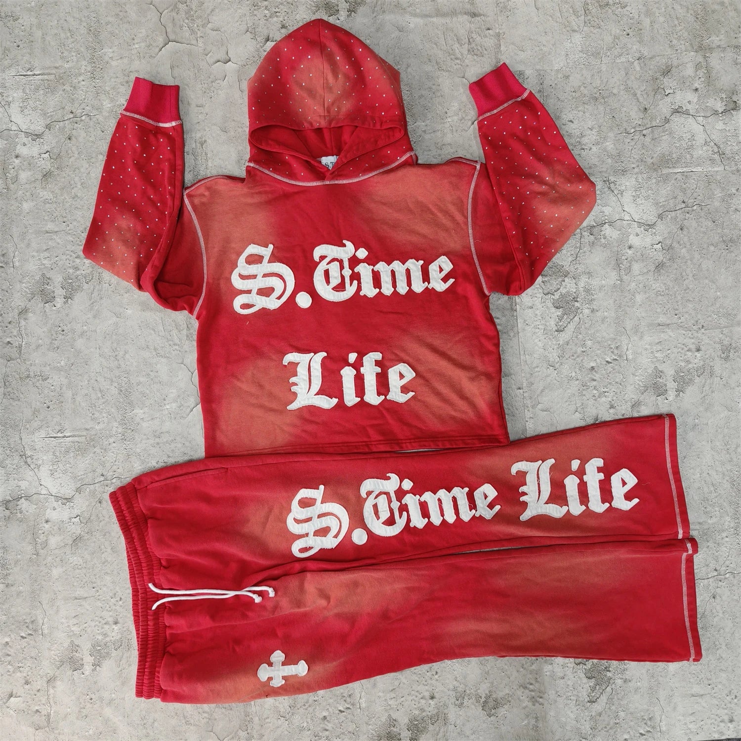 US Free Tax Custom Sticker Embroidery Distressed Patches Logo Streetwear Vintage Sun Faded Hoodie Sets Tracksuits for Men
