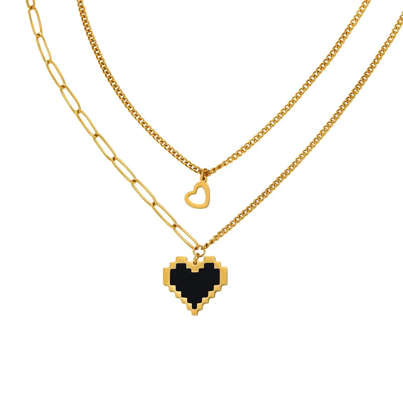 Double Layers Stainless Steel Hollow Heart Mosaic Heart Pendant  Clavicle Necklace for Valentine's Day