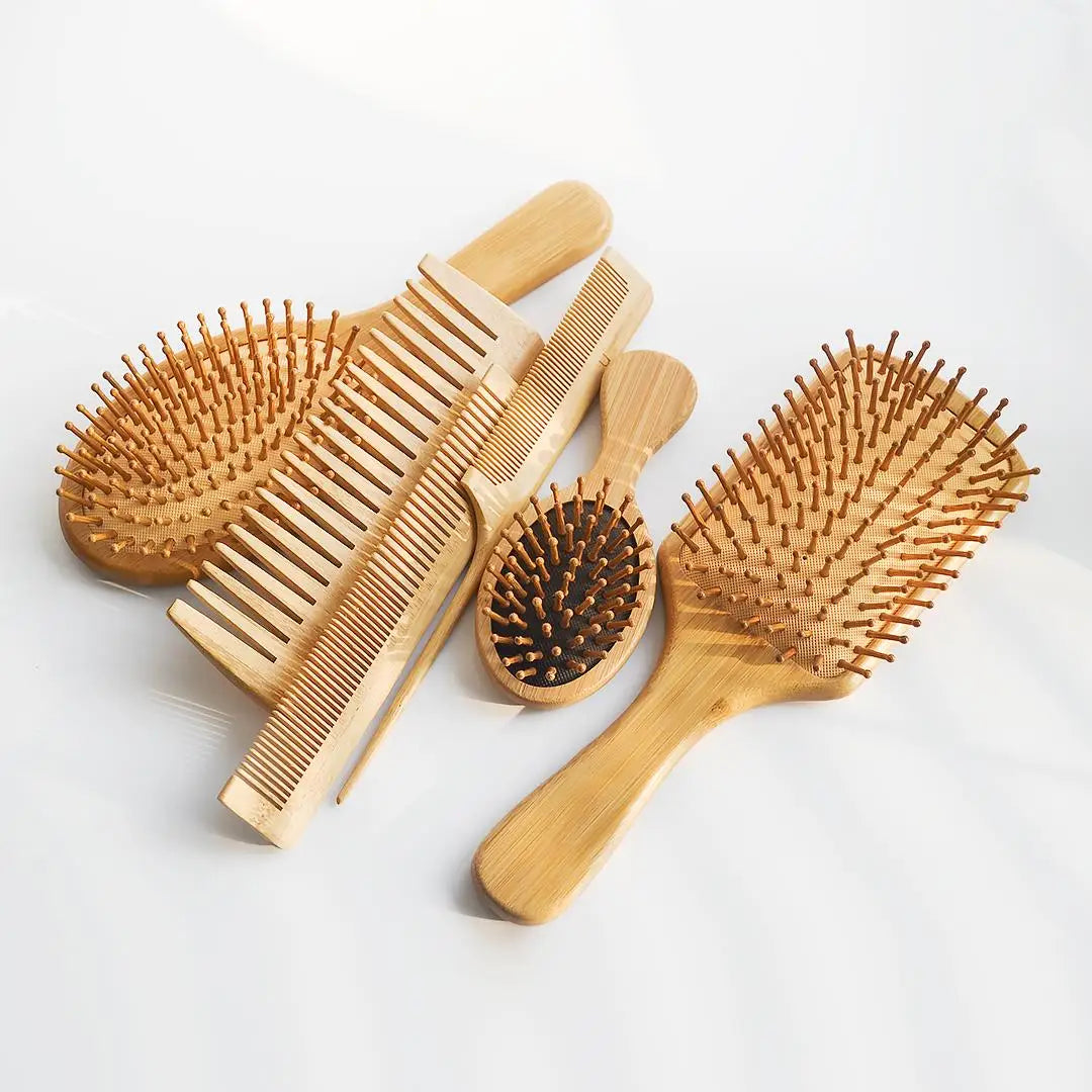 Hot Custom Logo 6-in-1 Bamboo Paddle Hair Brush Set Wide Tooth Comb and Nylon Brush