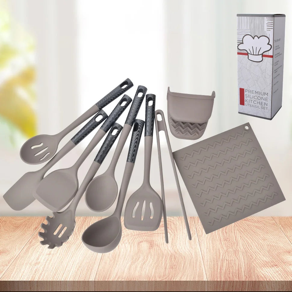 10-Piece Wonderfulife Silicone Kitchen Utensil Set-Durable Cooking Tools Heat Insulation Mat Food Tongs