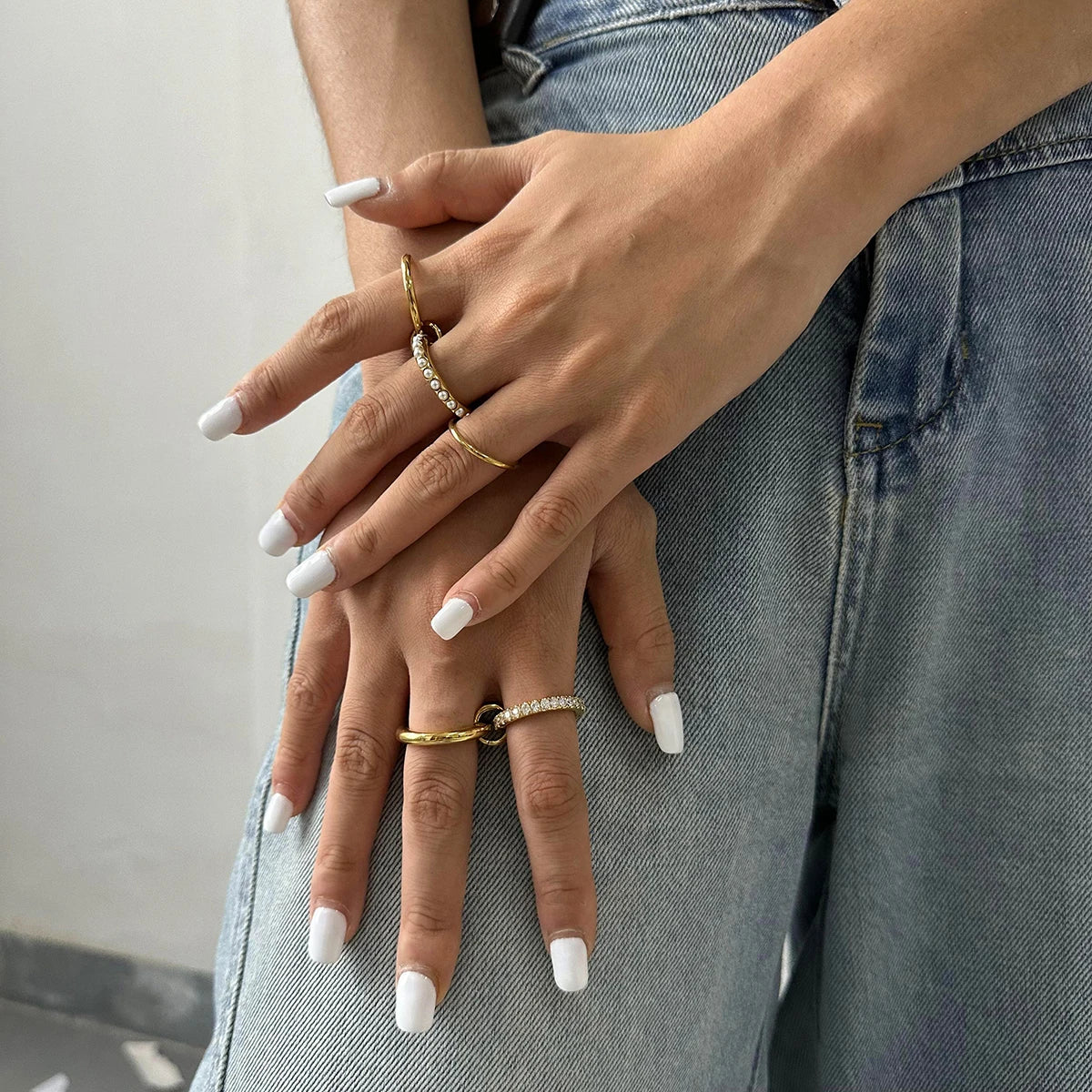 J&D Jewelry Blingbling Zirconia Two Piece Set Ring 18K PVD Gold Plated Stainless Steel Semi-precious Ring for Woman