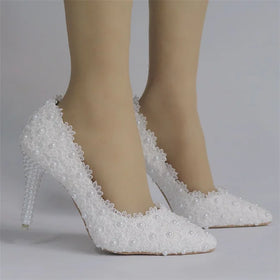 Top Fashion Lace Beaded Bridal Shoes Pointed Toe Slip-on Wedding High Heels Shoes for Women Dating Dress Stiletto Women's Pumps