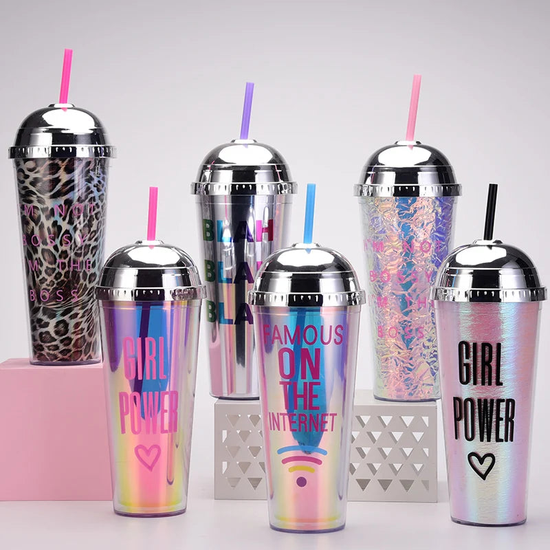 European Style 24oz Straw Cup Printed Water Tumbler with Semi-Circular Lid Portable Double-Layer Plastic Drink Bottle for Office