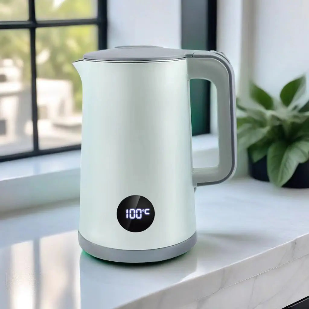 Electric Double Layer Stainless Steel Inner Liner Kettle Cordless Design Realtime Temperature Display Plastic Body