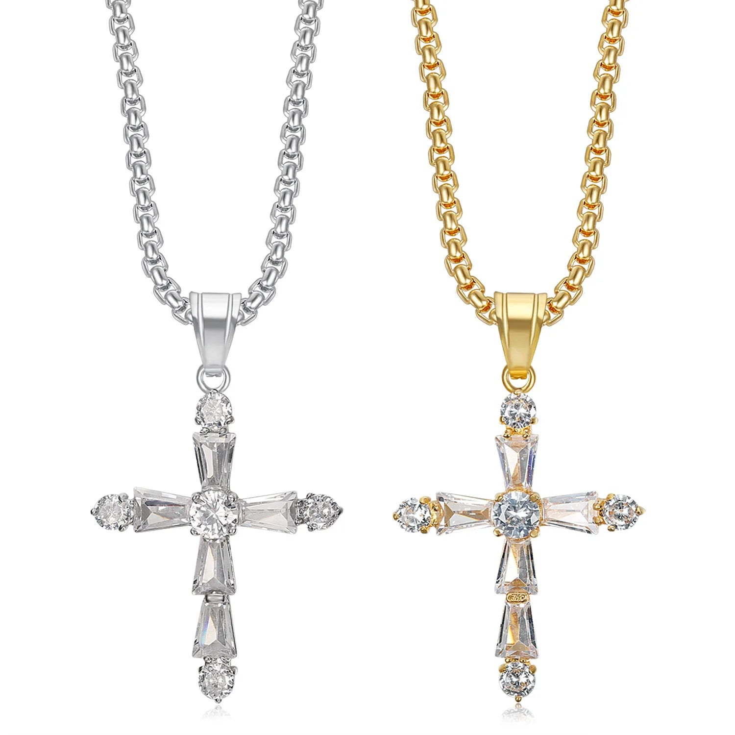 Fashion Stainless Steel Crystal Zircon Neck Chain Geometric Cross Pendant Necklace Party Accessories for Women Men