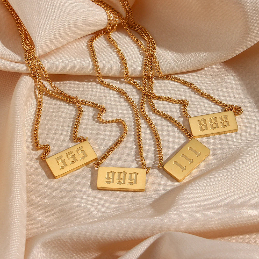 Fashion Jewelry 18K PVD Gold Plated Stainless Steel Rectangle Angel Number Choker Pendant Necklaces for Women