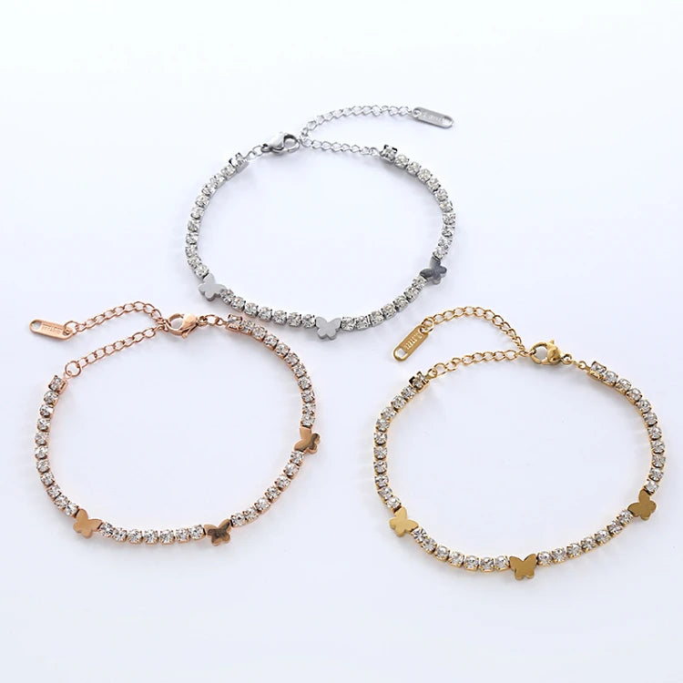 G3807 Wholesale Butterfly Bracelet Stainless Steel White Rhinestone Tennis Butterflies Charm Bracelet Fashion Jewelry Bangles