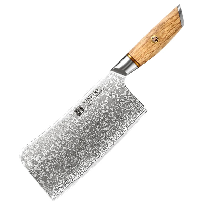 Custom Damascus Steel Kitchen Chopper Bone Chopping Knife Olive Wood Handle 58 HRC