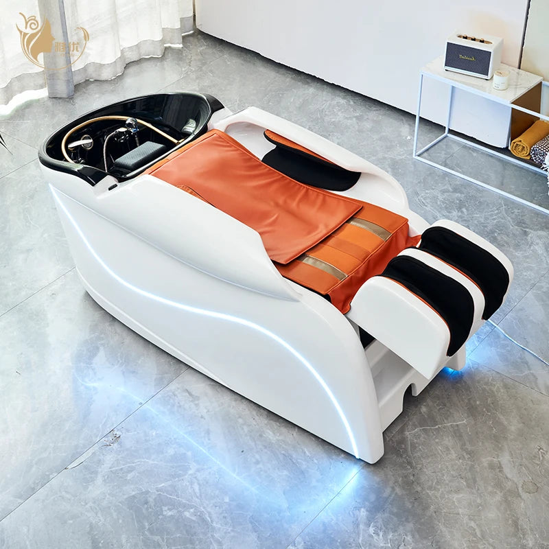 Luxury LED Shampoo Chair with Orange Cushion Reclining Salon Spa Wash Station