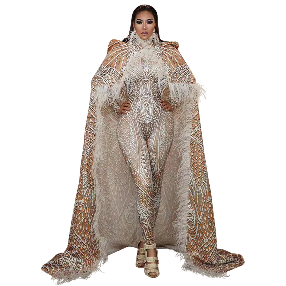 Performance Outfits White Print Skinny Playsuit With Feathers Long Cloak Men Women Stage Costumes  Sets Dance Jumpsuit