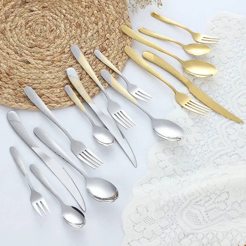 Hot Selling Stainless Steel Silverware Cutlery Set Oblique Diamond Handle Hammered Knife Fork Spoon Wedding Luxury Cutlery Set