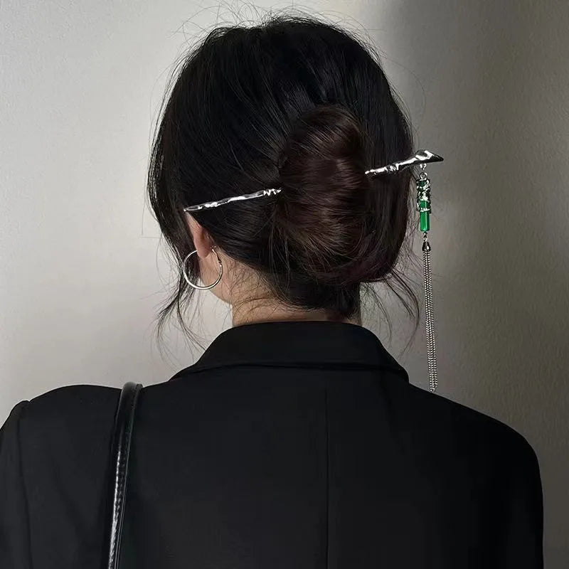 Chinese Style Metal Green Imitation Emerald Hair Sticks Hanfu Hair Chopsticks Wedding Party Hairstyle Design Tools for Women