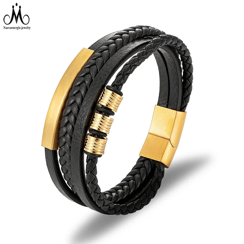 Handmade Man Leather Jewelry Black Braided Genuine Leather Bracelet Stainless Steel Man Bracelet