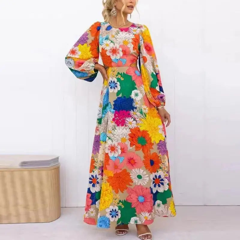 Autumn New Long-sleeved Printed Lace-up Dress Holiday Street Fashion Dresses for Women