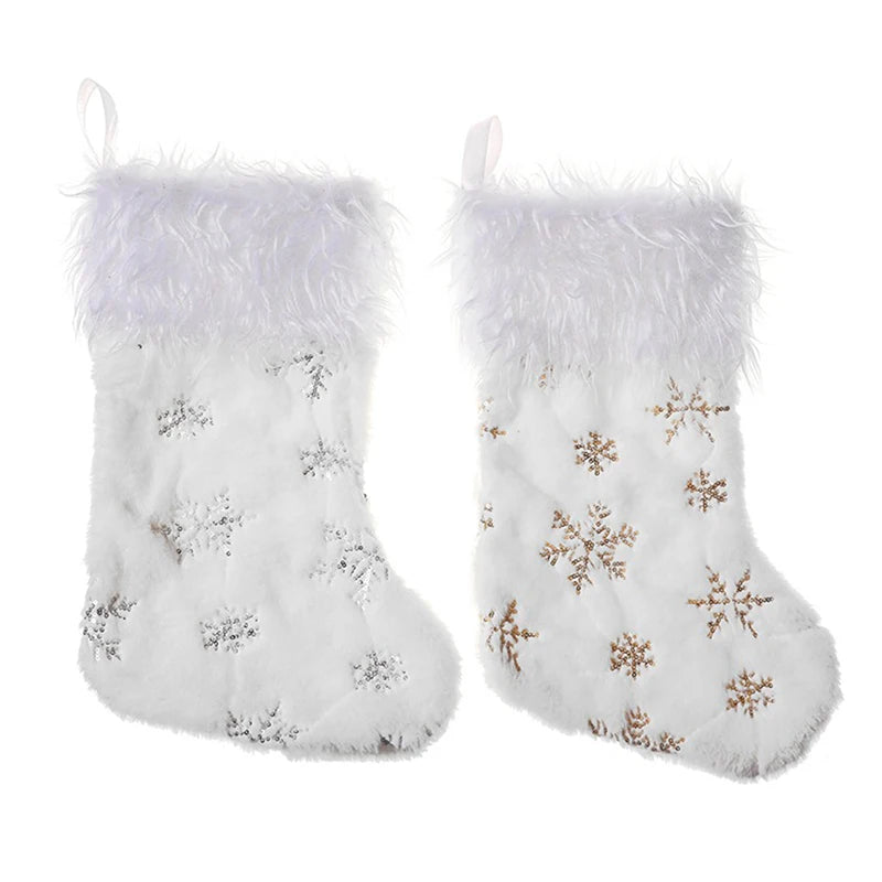 Factory Price Snowflakes Embroidered White Plush Christmas Stockings Candy Socks Gifts Bag Christmas Candy Bag Stocking Stuffs