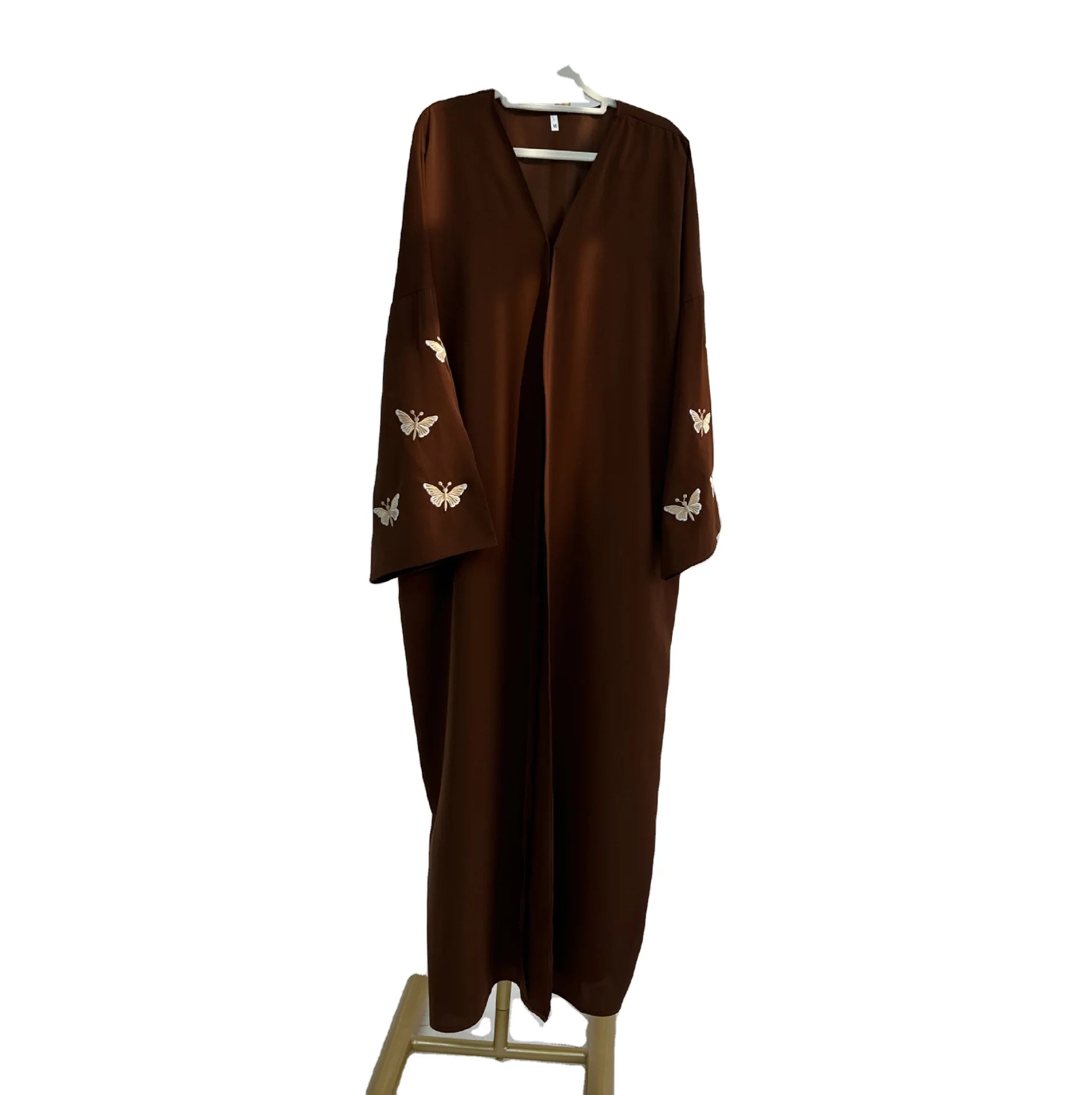 Classic Style Black Coffee Color Fabric V Neck butterfly Embroidery Long Sleeve Islamic Women Daily Abaya