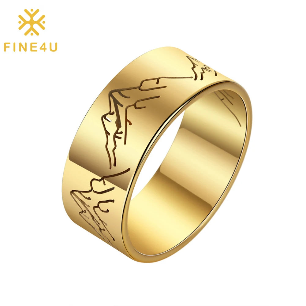 Wholesale Custom Mens Simple Jewelry Waterproof Gold Plated Natural Mountain Stainless Steel Ring