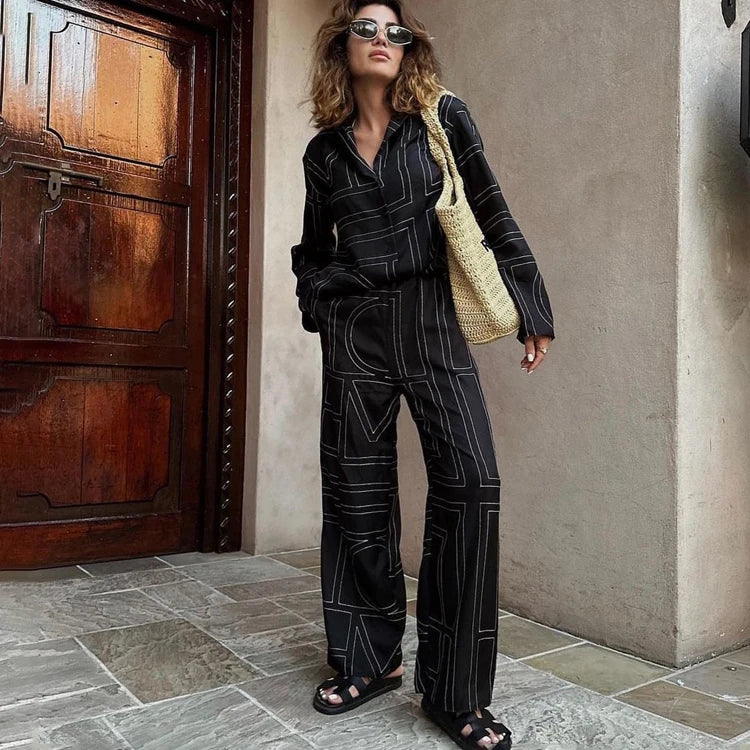 Fashionable Printed Long Sleeve Shirt Top And Pants Satin Pajamas Women's Spring Clothing Casual Two Piece Pants Set For Women