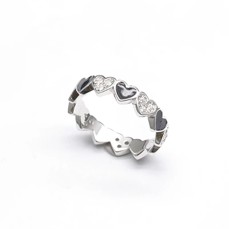Simple Enamel Heart Ring 925 Sterling Silver Zircon Ring Girl Party Gift