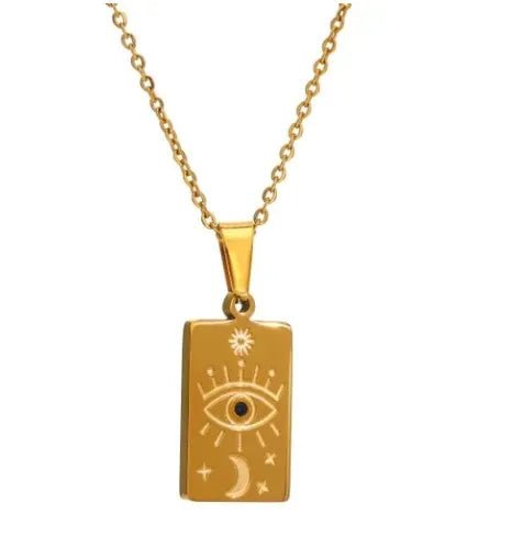 Stainless Steel Zodiac Sign Necklace 18k Gold Square Pendant Symbol Star Moon Heart Eye Necklace Dainty Tarot Necklace