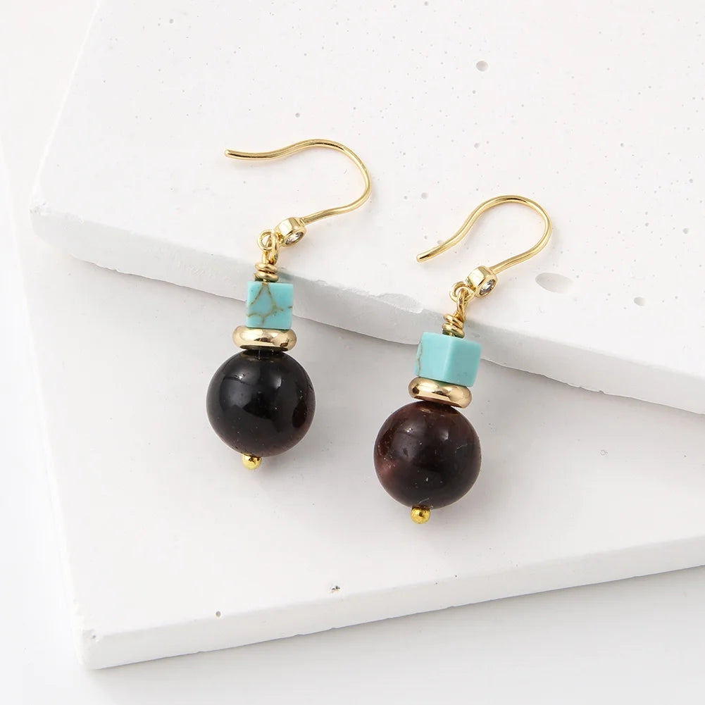 Classic Retro Trend Drop Earrings Natural Turquoise and Yellow Agate Gemstone Czech Beads Fashion Jewelry