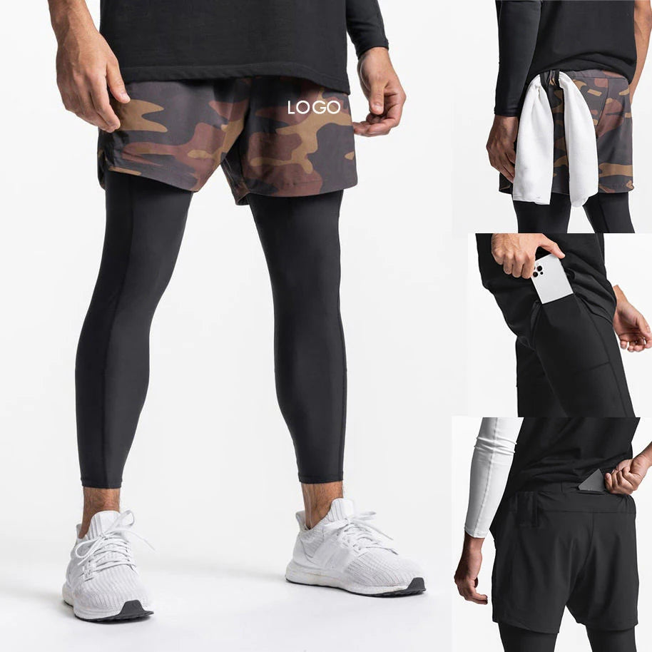 Autumn Male 2 1 Workout Shorts Liner Compression Elastic Waist Long Leggings Lightweight Outer Loose Pants for Running Wear