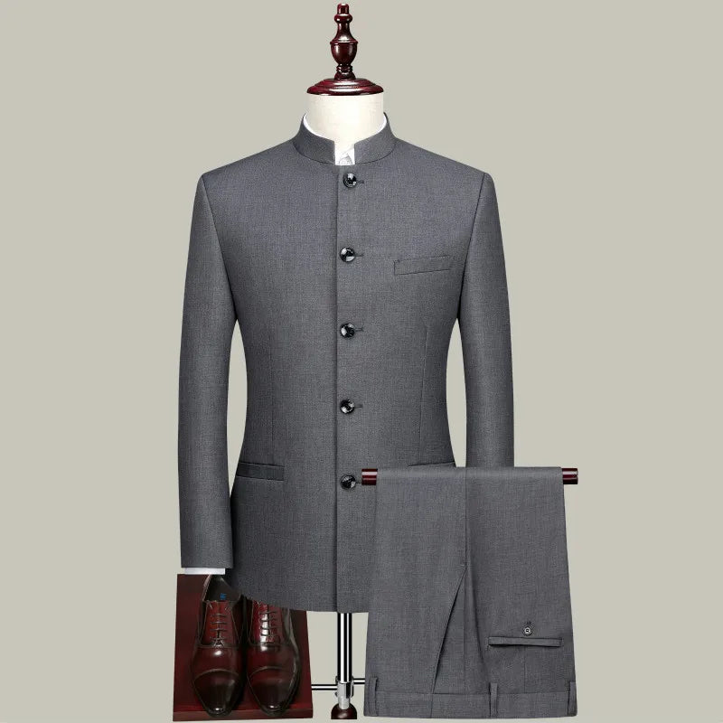 XS-4XL Men's Slim Fitting Chinese Bridegroom Dress Suit Chinese Stand Collar Suit Chinese Style 2-piece Casual  Suit