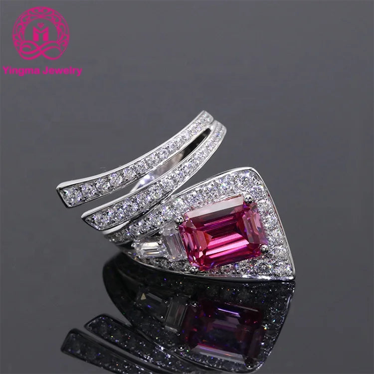 Fantastic Moissanite Jewelry Emerald Cut 3 Carat pink Moissanite Ring 18K Solid White Gold Moissante Ring for Wedding Engagement