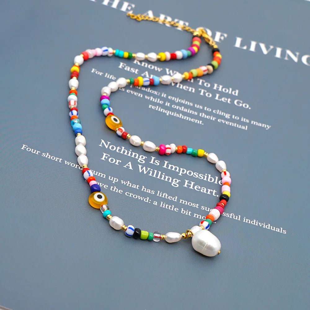 Fashion Beach Choker Colorful Glass Seed Beads Choker Necklace with Freshwater Pearl Bohemian Women Jewelry Necklace
