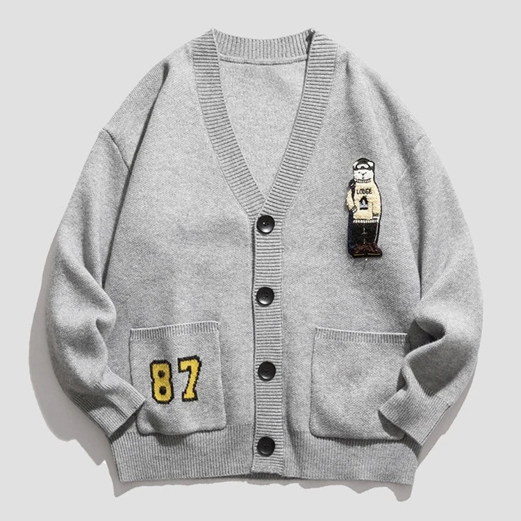 Factory OEM Custom v Neck Cotton Cardigan With Chenille Embroidery logo Sweater for Man