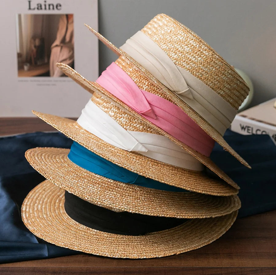 2026 Summer Natural Wheat Ribbon Straw Boater Top Flat Travel Holiday Wide Brim Panama Hats Straw Hats for Women