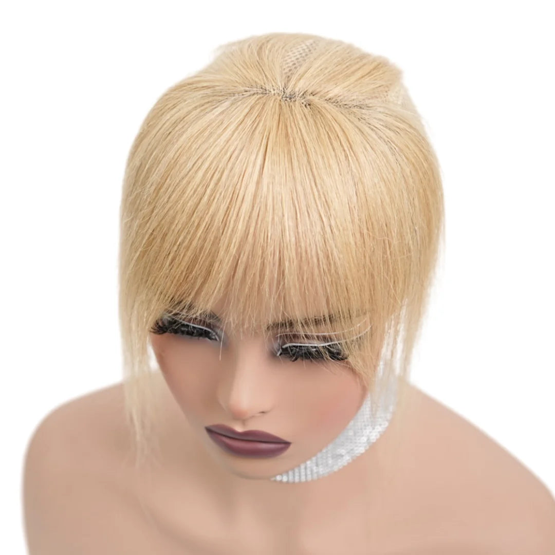 LONGFOR Women's Light Blonde Remy Hair Extension Frontal Hairpiece with 3 Clips Topper Replacement Hairline Loss Frontal Bangs