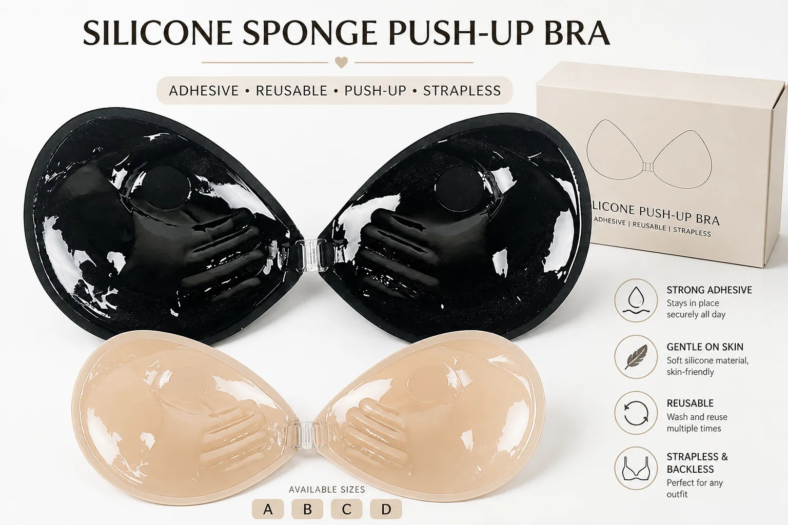 Push up Adhesive Bra Invisible Strapless Reusable Plunge Bras Backless Silicone Sticky Bra
