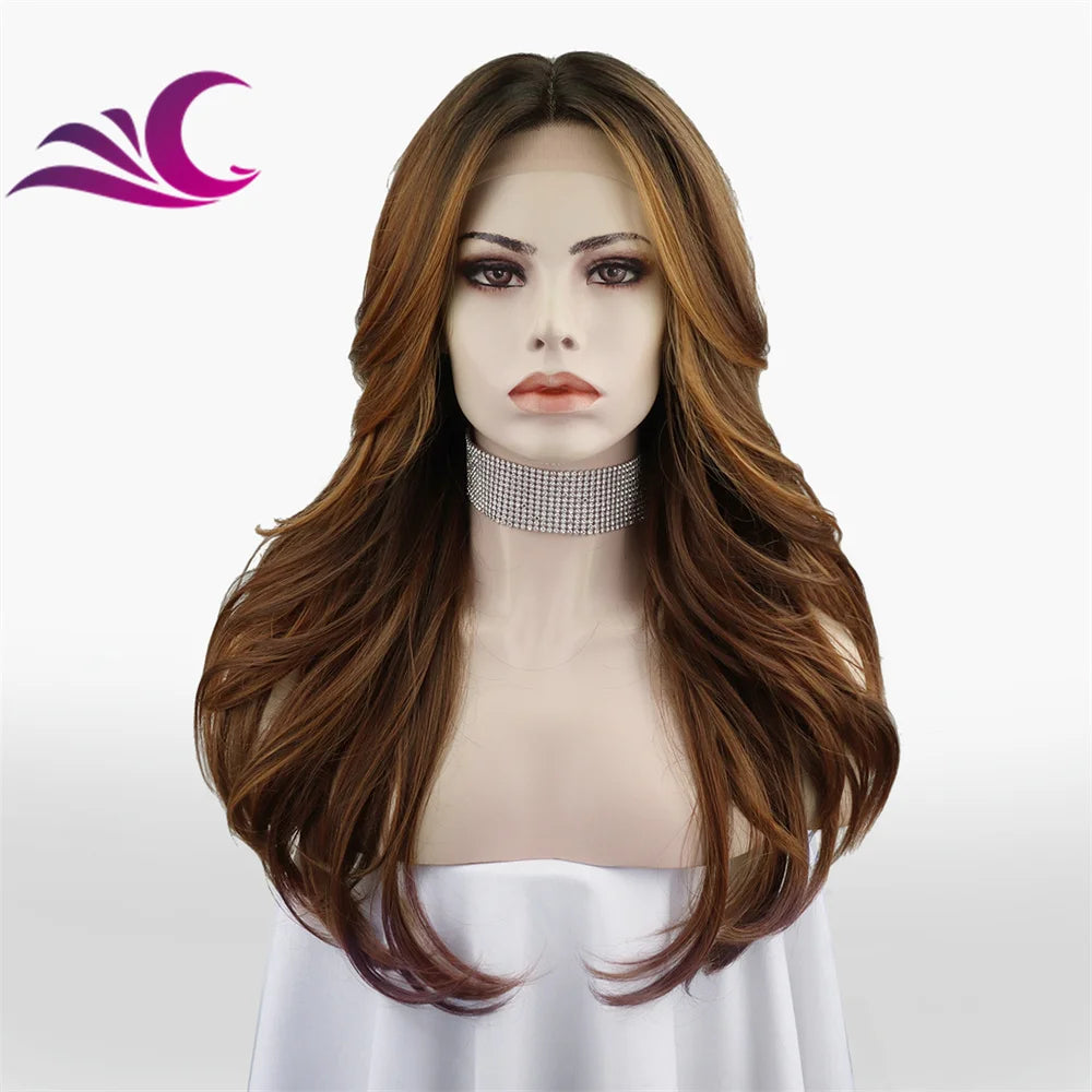 Celebrity Caramel Brown Color Fashion Layer Cut Hair Style t Part Middle Part Heat Resistant Synthetic Fiber Hair Lace Front Wig