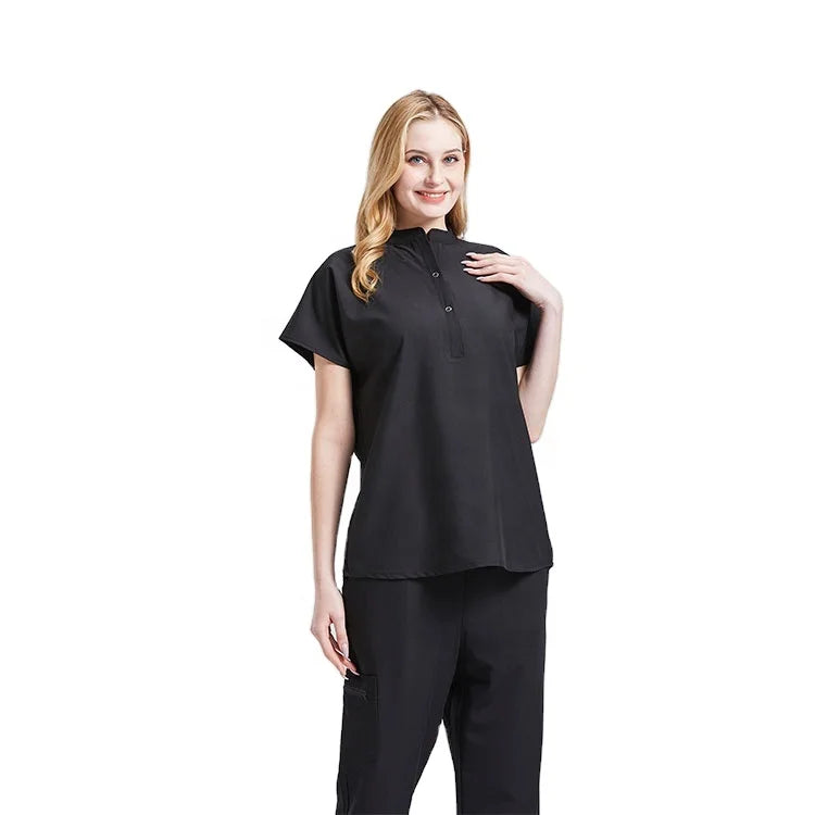Custom Jogger Pant Uniforms Scrubs Short Sleeve Scrubs Uniforms Polyester Rayon Spandex Black Women Scrub Sets Nurse Uniform