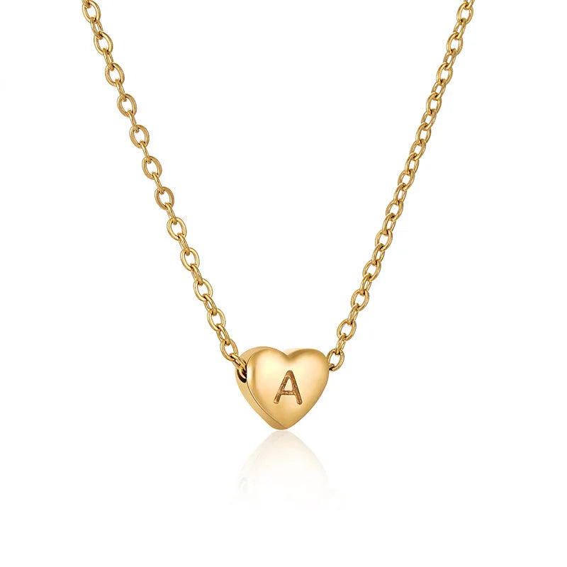 18k Gold Plated Stainless Steel Heart Shaped Alphabet Initial Letters Tiny Small Charm Collar Statement Pendant Necklace Gift