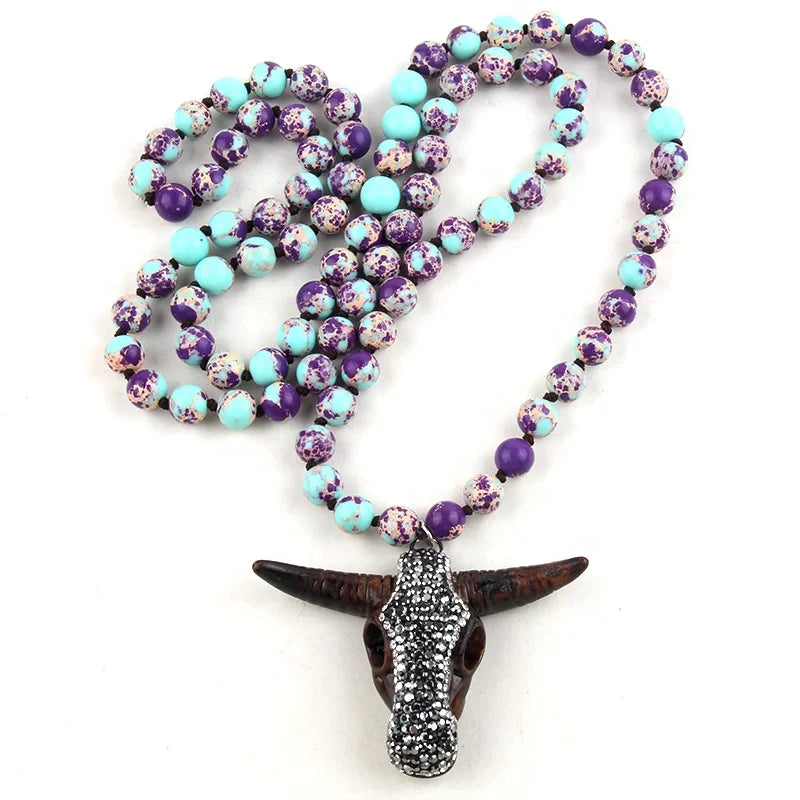 Women Fashion Bohemian Jewelry Handmade Long Knotted Stones Brown Resin Bull Skull Head Charm Pendant Necklace
