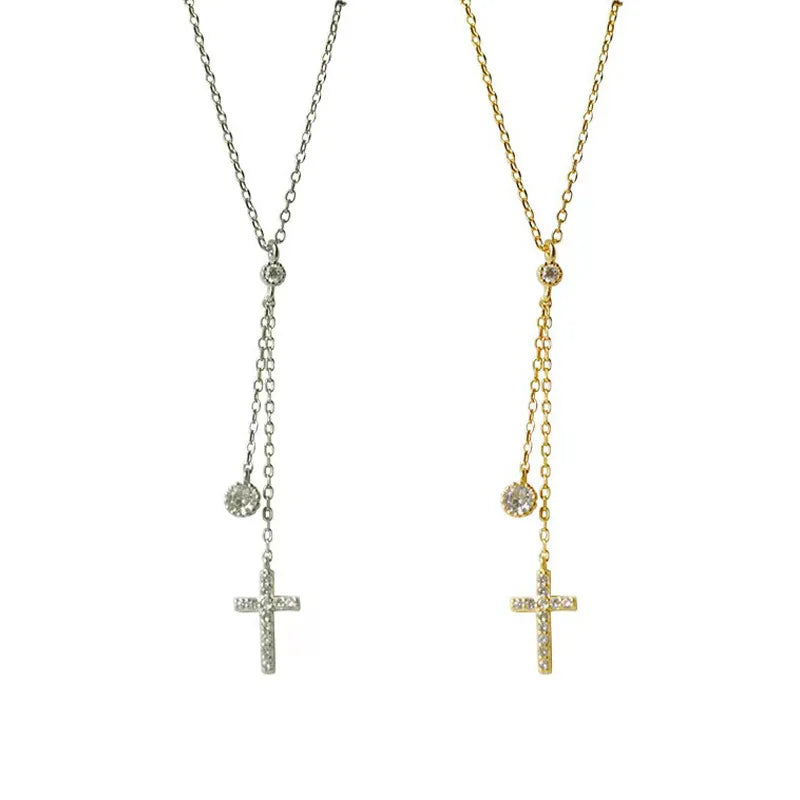 Rainbowking S925 Sterling Silver Female Necklace Delicate Cross Tassel Collarbone Chain Niche Design Pendant Ins Style Rainb