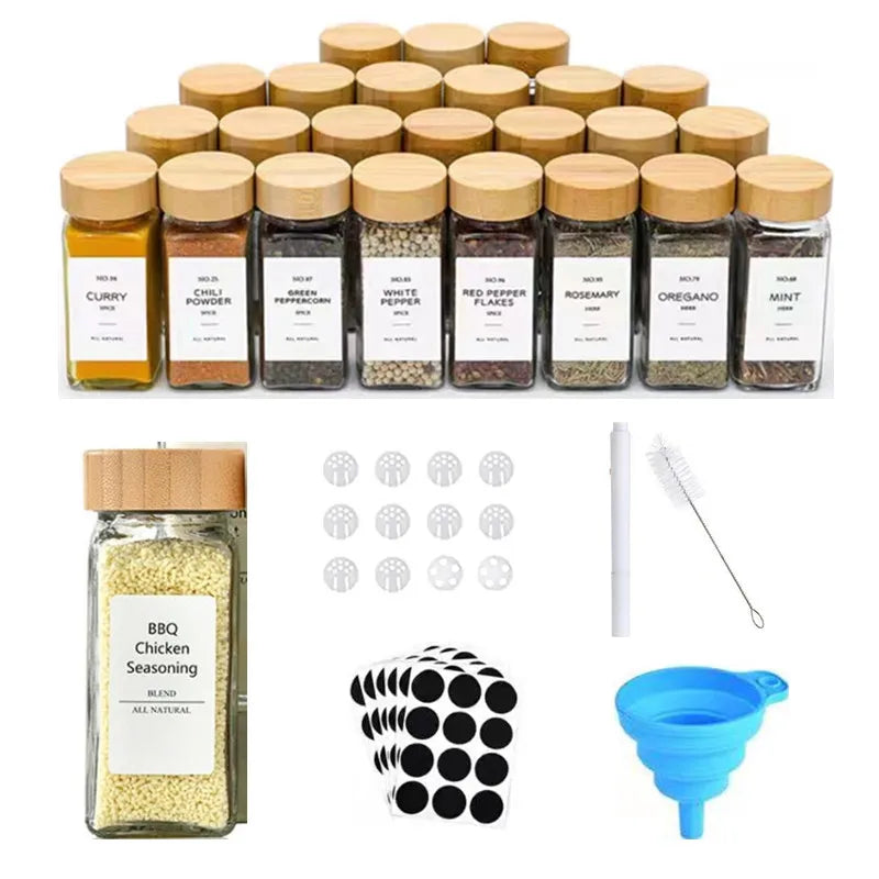 4oz Empty Spice Bottles Set with Acacia Wood Lid Shaker Lids 120ml Square Glass Spice Jars with Labels AAA8888