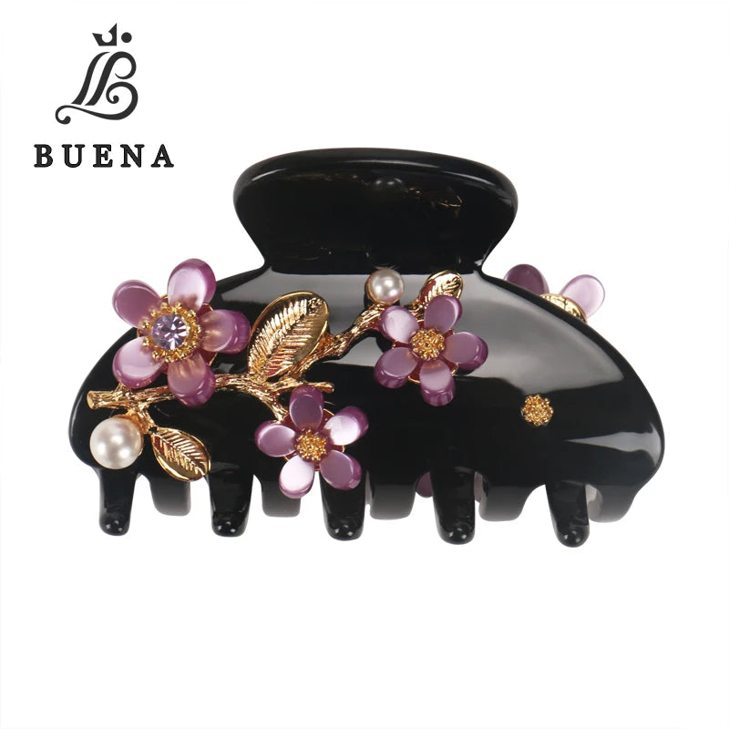Yiwu Buena High End Hair Accessories Black Acetate Hair Claw Collocation Purple Small Flower