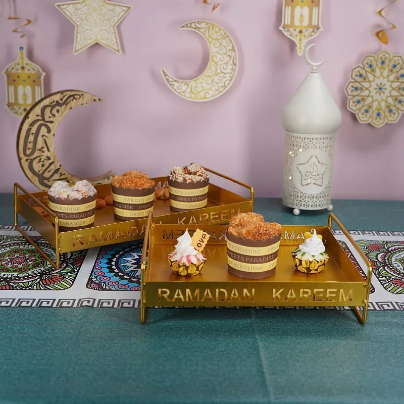 Muslim Festival Party Islamic Eid Mubarak Ramadan Decor Religious Craft Gift Box Metal Ramadan Tray With Handle