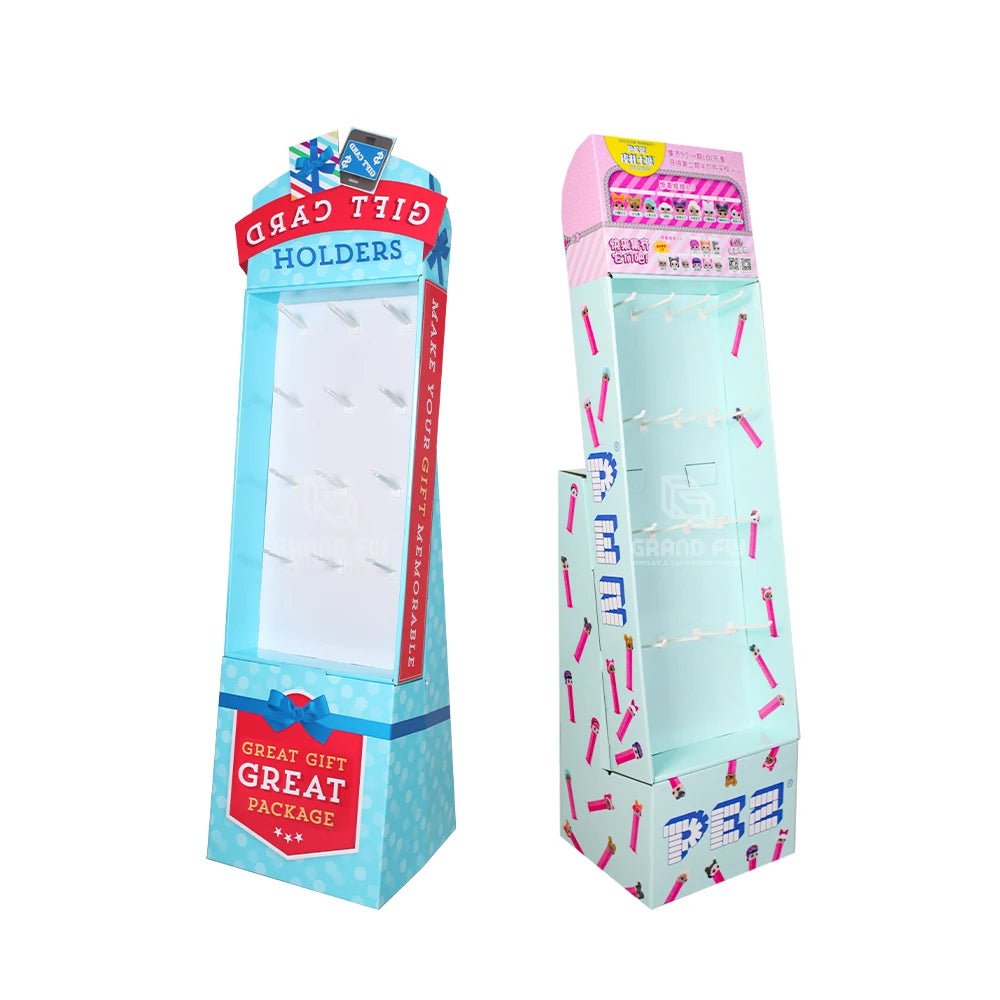 Corrugated Cardboard Recyclable Advertising Pegboard Floor Display Shelves Stand Hooks Glossy/Matt Lamination Customized Color