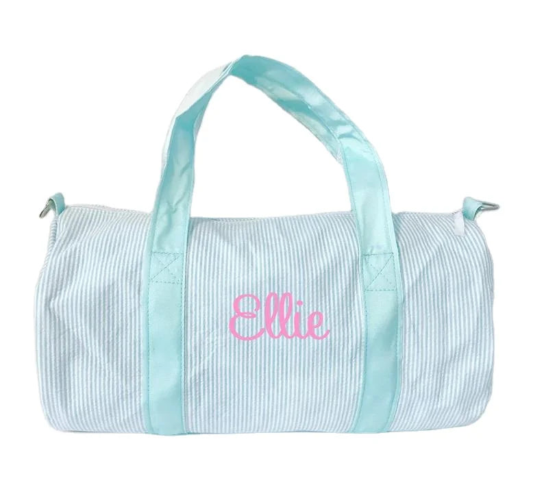 Personalized Monogram Seersucker Weekender Bag Custom Embroidered Name Duffel with Detachable Padded Shoulder Strap