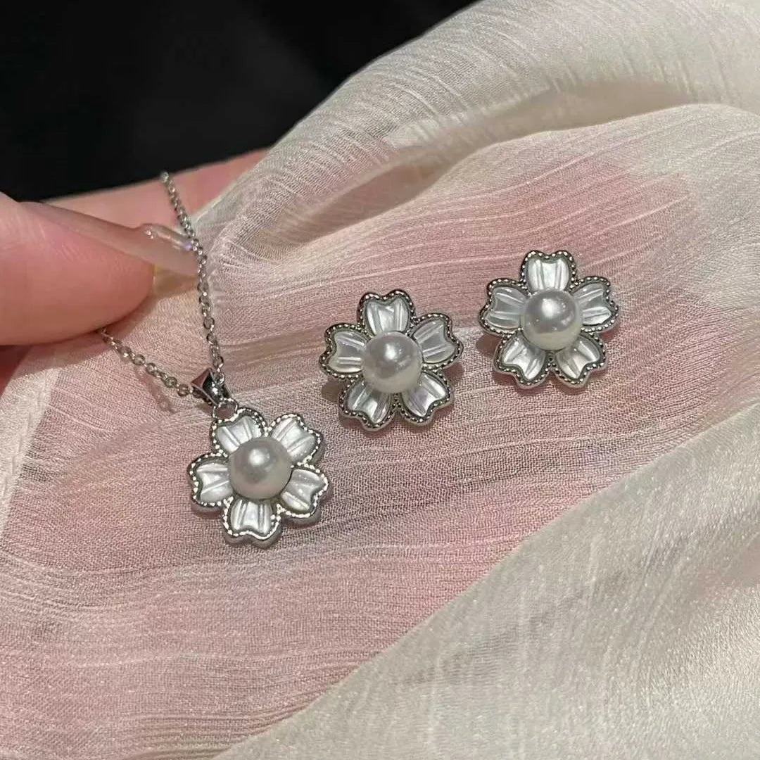 Natural Freshwater Pearl Necklace and Earring Set Beautiful Shell Inlaid Cherry Blossom 6-7mm Colorful Two Piece Jewelry Set