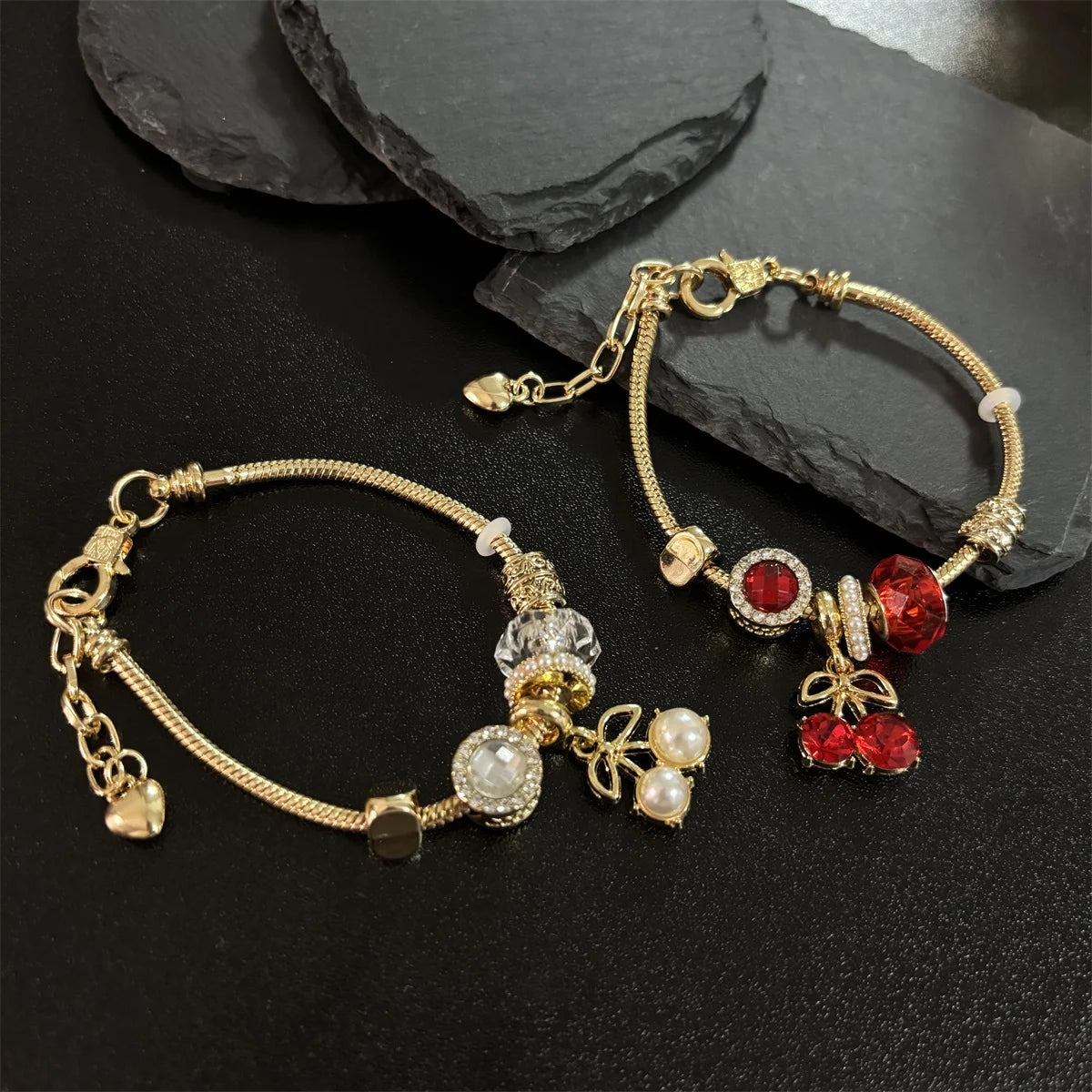 New Designs Gold Plated Cherry Charms Red Crystal Pearl Gift Women Charms Bracelets