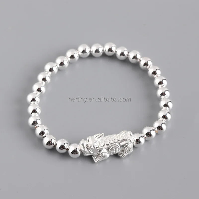 Sterling Silver 925 Feng Shui PIXIU Lucky Charm Bead Elastic Bracelet