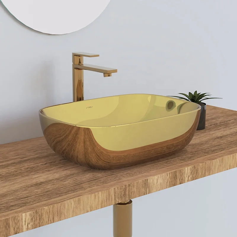 Hot Sale Golden Color Wash Hand Basin Bathroom Sink Ceramic Counter Top Washbasin for Bathroom
