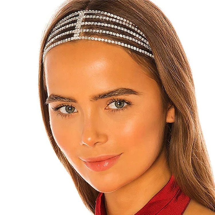 Hot Sale Fashion Forehead Crystal Head Chain Bridal Prom Multilayer Rhinestone Elastic Rubber Hair Bands for Hair Accessories